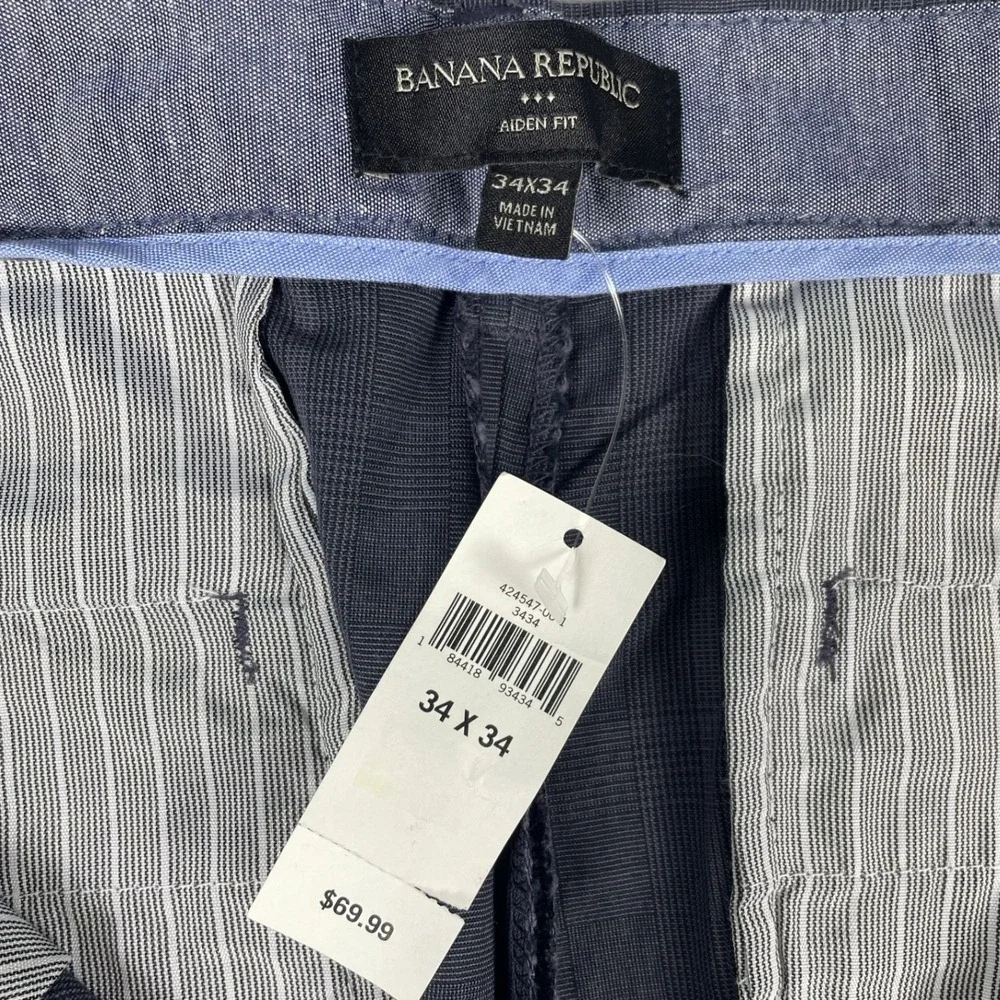 Banana Republic Aiden Fit Pants Mens 34x34 Slim Fit Blue Plaid Chinos Classic